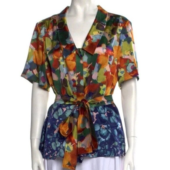 St. John Stretch Silk Blouse 10 Belted Watercolor - Picture 2 of 9